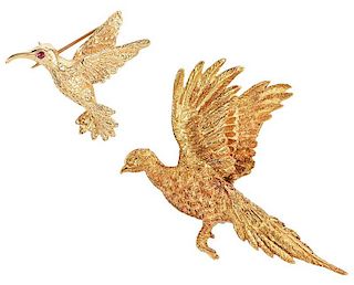Two Gold Bird Brooches