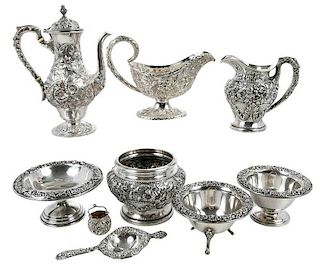 Nine Sterling Kirk Repousse Table Items