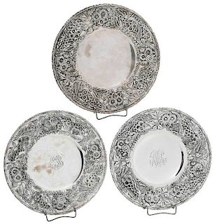 Three Kirk Repousse Sterling Footed Round Trays