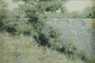 GISSON, Andre. Oil on Canvas. Meadow by a Bridge.