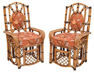 Pair Bamboo Caned and Upholstered Armchairs