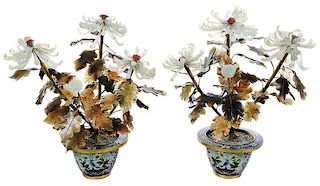 Pair of Jade Chrysanthemum Arrangements