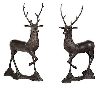 Pair Bronze Deer Statues