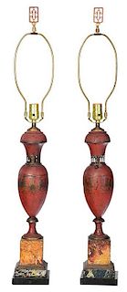 Pair Gilt Decorated Red Tole Table Lamps