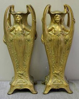 BARBEDIENNE Pair Of Dore Bronze Art Noveau Urns