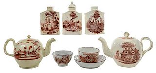 Eight Pieces Red Transfer Tea Party Creamware