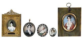 Five Portrait Miniatures of Women on Ivory