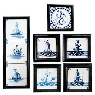 Eight Framed Maritime Delftware Tiles