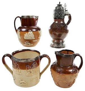 Four Stoneware Vessels with Silver Mounts