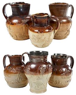 Six Sprig Decorated Stoneware Tavern Pitchers