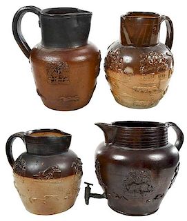 Four Large Sprig Decorated Stoneware Pitchers