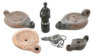 Five Roman Oil Lamps with Robed Figure