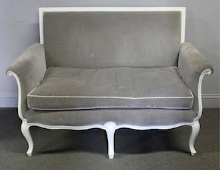 White Lacquered Settee with Gray Upholstery.