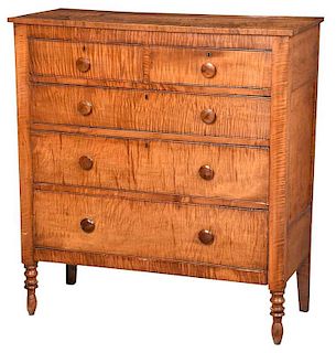 American Sheraton Tiger Maple Five Drawer Chest