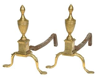 Pair Federal Eagle Engraved Brass Andirons
