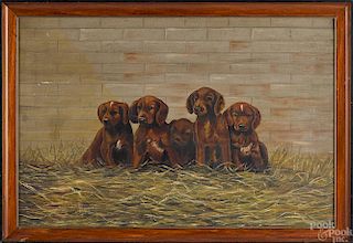 Oil on board of five puppies, early 20th c., 12''
