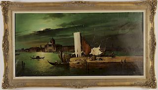 G. Trani, "Venice at Night, Ships on Canal" O/C