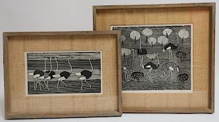 Two Signed Woodblocks of Ostriches, c 1950s