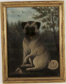 Folk Art Painting of a Pug In Landscape O/C