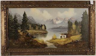"Mountains, Lake and Cabin", 20th C., O/C