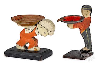 Two table top wood cutout tip stand ashtrays