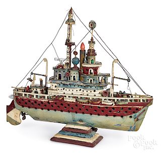 Large folk art ship model painted and electrified