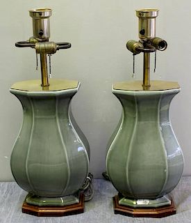 Pair of Celadon ? Urn Form Lamps on Wooden Bases.