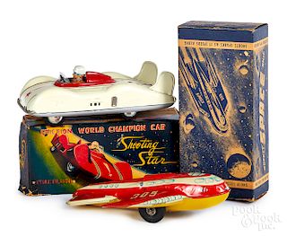 Two tin lithograph friction space cars with OB
