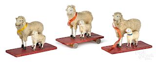 Three German stick leg sheep putz / pull toys
