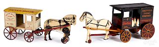 Two horse drawn dairy wagon pull toys