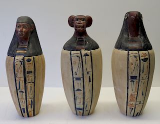 Lot Of 3 Vintage Canopic Jars With Hieroglyphics
