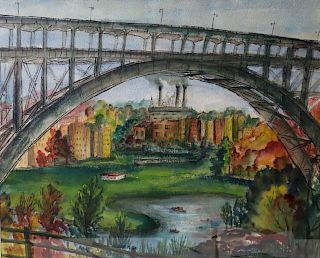 B.S.Lipson.Signed Watercolor Bronx West Side
