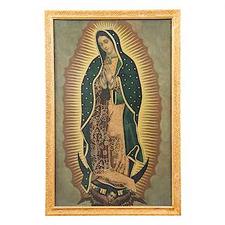 Anónimo. Virgen de Guadalupe. Serigrafía sin número de tiraje. Enmarcada en madera dorada. 85 x 54 cm.