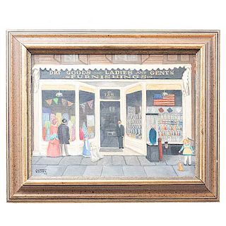 Albert Wolper. "Dry goods. Ladies and Gents. Furnishings". Firmada y fechada '75. Óleo sobre tela. Enmarcada. 13 x 31 cm.