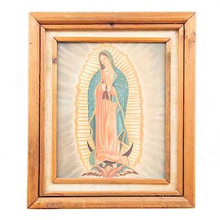 Anónimo. Virgen de Guadalupe. Óleo sobre tela. Enmarcada en madera tallada. 50 x 40 cm.