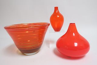 3 Modern Art Glass In Hot Oranges: Waterford, etc.