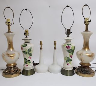 3 Pairs of Glass & Porcelain Lamps, 1950's-60's