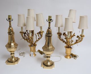 4 Lamps; Pr Louis XVI Gilt Bronze Foliate Lamps