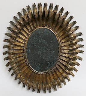Mid Century Gilt & Metal Oval Leaf-tip Mirror