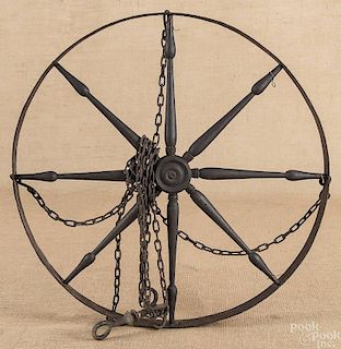 Wood and iron wagon wheel form chandelier, mid 20