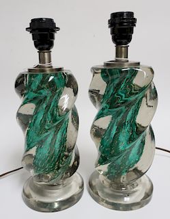 Pr Italian Mid C. Gilt, Green & Clear Glass Lamps