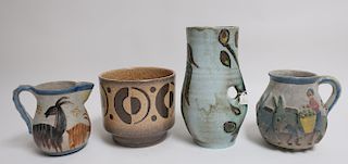 3 European Ceramic Pitchers & Jardinière