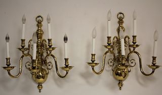 Pair of Solid Brass Colonial 5-Arm Sconces
