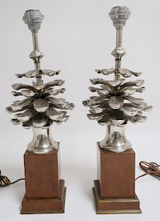 Pair of Mid Century Cast Metal Pine Cone Lamps