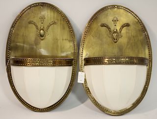 Pair 1920's Art Deco Brass Oval Wall Sconces
