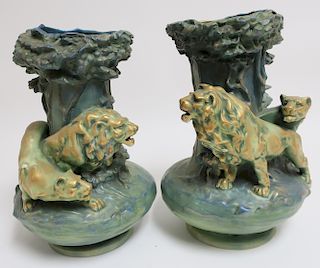 Pair Amphora Pottery Vases with Lions, c.1925