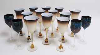 16 Blown Art Glass Stemmed Wine Glasses