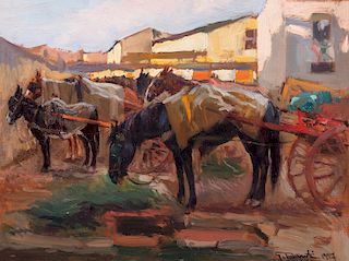 Gino Danti (Firenze 1881-1968)  - The pause of the carriages, 1927