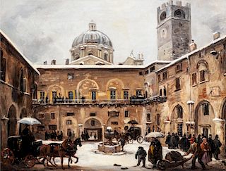 Angelo Inganni (Brescia 1807-Gussago 1880)  - The Broletto courtyard in Brescia, 1875