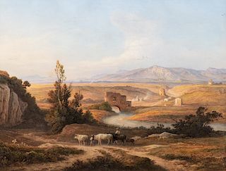 Rudolf  Müller (Basilea 1802-Roma 1885)  - Rome, panorama of the countryside with Ponte Nomentano, 1868